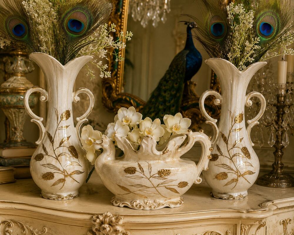 Vintage Betson 3 Piece White Gold Floral Vase Swan Planter Mantel Set